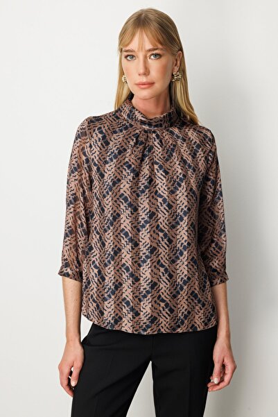Ekol Patterned Blouse with Window Detail on the Chest-3053