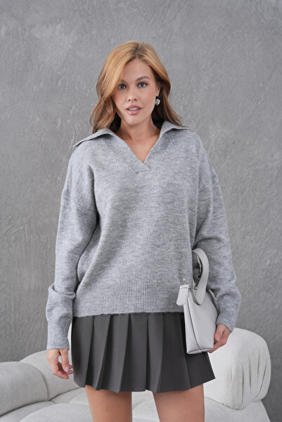 Park Karon Pulover de tricotat cu textura moale, gri pentru femei, cu guler p...