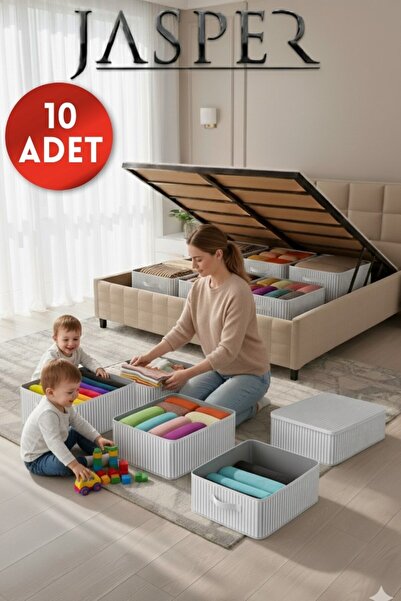 JASPER 10'lu Set Antrasit Çizgili Baza İçi Çok Amaçlı Düzenleyici Organizer- 65x45x22 Cm