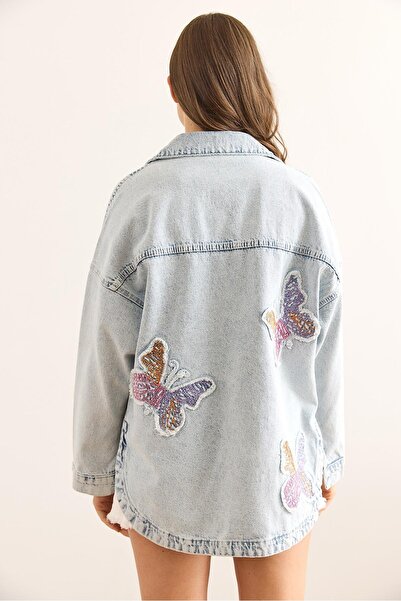 butiksinope AST 923 Kelebek İşleme Detaylı Oversize Kadın Kot Ceket Mavi