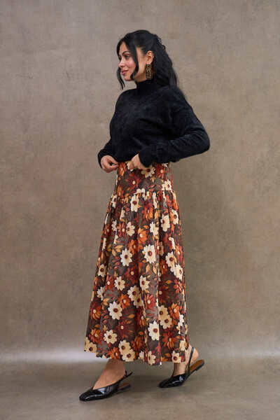 KÜÇÜĞÜM BUTİK Brown Daisy Patterned Satin Gathered Skirt