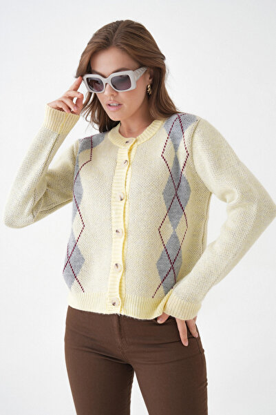 Park Karon Women's Yellow Crew Neck Button Detail Patterned Knitwear Cardigan 8605Sw