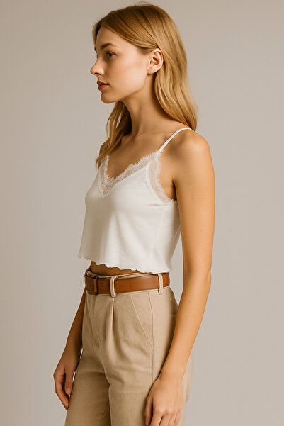 LACHT Women's Ecru Lettuce Hem Detailed String Strap Lace Crop Tank Top