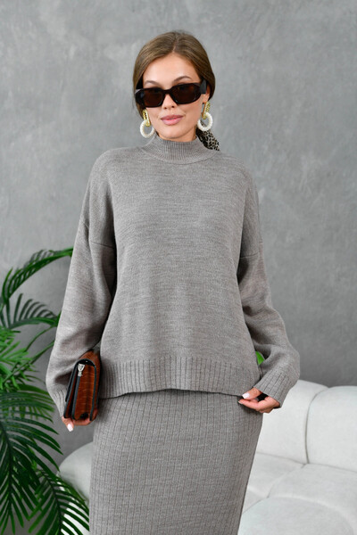 Park Karon Women's Mink Mock Neck Loose Sweater Long Skirt Two-Piece Knitwear Set 10270