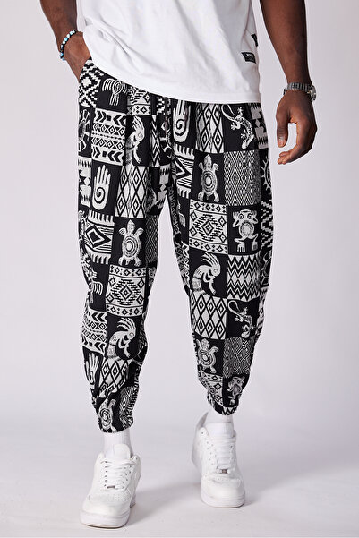 Superbluemexico Unisex Jacquard Patterned Pleated Baggy Trousers