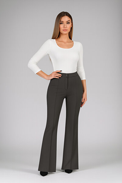 Women's Smoked Lycra Rib Stitched Button Detailed Spanish Leg Pants(Stylish, Comfortable to Combine.)