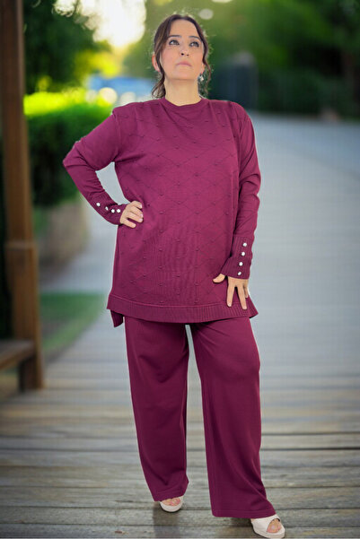 yagmurberen Baklava Patterned Polka Dots Stone Detail Tunic with Elastic Waist Pants Plus Size Merceerized Set