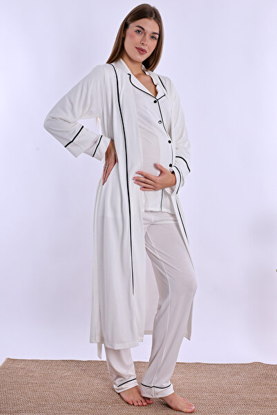 ByLohusa Effortt Ecru Maternity Pajama Set with Dressing Gown