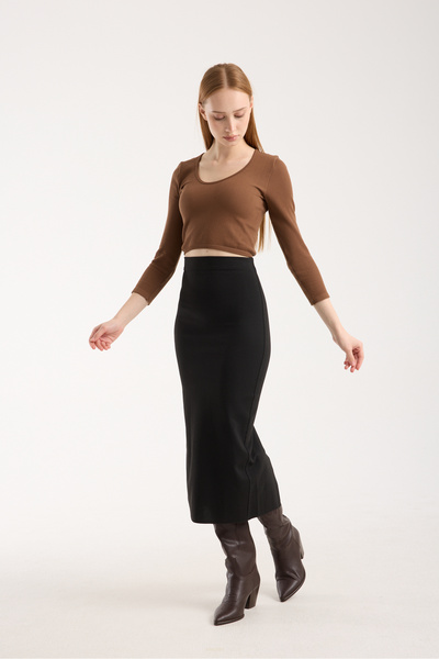 DeChival ETEK - PENSLİ BELDEN OTURTMALI VE ARKA YIRTMAÇLI ETEK - İNTERLOK ÖRGÜ UZUN ETEK