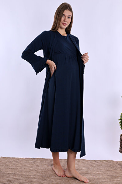 ByLohusa Effortt Lacivert Sabahlıklı Hamile Lohusa Gecelik Takım