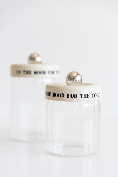 Dekorzdükkan Set of 2 Cream Vacuum Lid Motto Glass Jars (320Ml+450Ml)