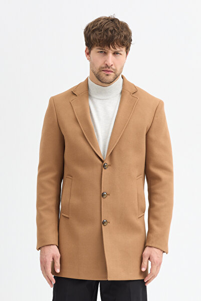 Frappoli Grande Men's Camel Jacket Collar Slim Fit Cashmere Coat