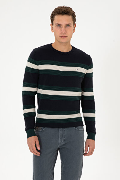 U.S. Polo Assn. Pulover Barbat Pe Bleumarin Cu Dungi Orizontale In Contrast