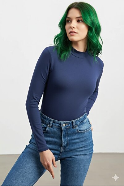 TRİYA FASHİON Long Sleeve 2-Piece Women's Turtleneck Badi (White-Navy Blue)