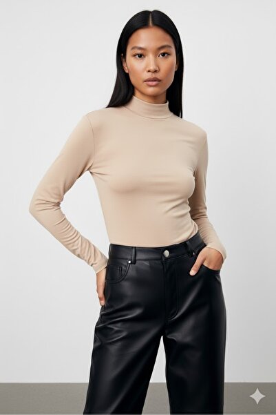 TRİYA FASHİON Long Sleeve 2-Piece Women's Turtleneck Badi (Black-Beige)