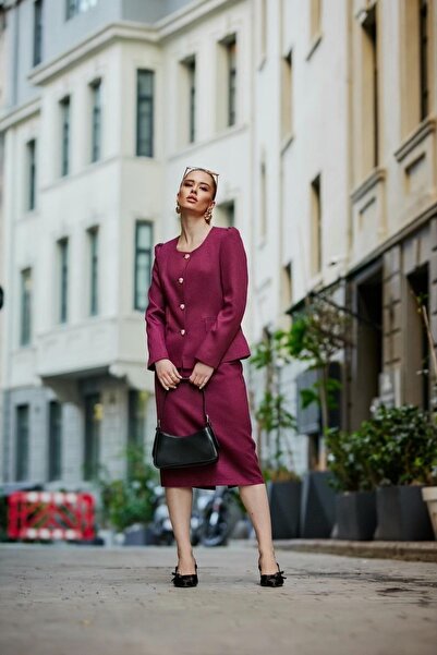 LOVELF Omuz Kırmalı Gold Düğmeli Yünefekt Etekli Takım Mürdüm