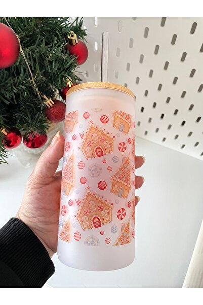 By Selen Suyolcu Christmas Themed Printed Frosted Glass Cup with Bamboo Lid and Straw
