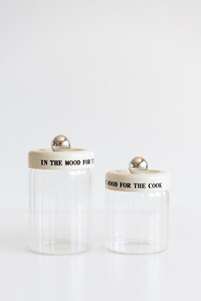 Dekorzdükkan Set of 2 Cream Vacuum Lid Motto Glass Jars (320Ml+450Ml)