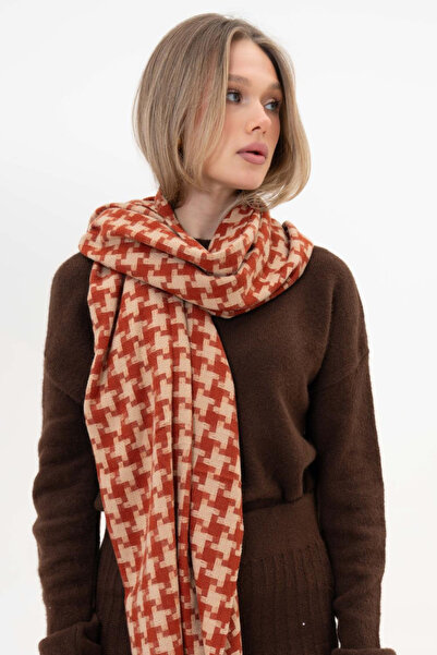 HERCHES Houndstooth Patterned Wool Winter Scarf - Orange