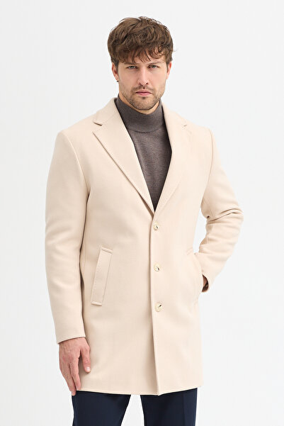 Frappoli Grande Men's Beige Jacket Collar Slim Fit Cashmere Coat