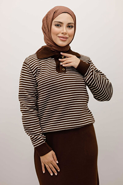 Tesettür Dünyası Striped Knitwear Sweater Tsd250241 Brown