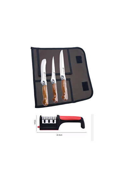 SürLaz 3 Parça Ahşap Saplı Mutfak Bıçak Seti + Bıçak Taşıma Çantası ve Bileme...