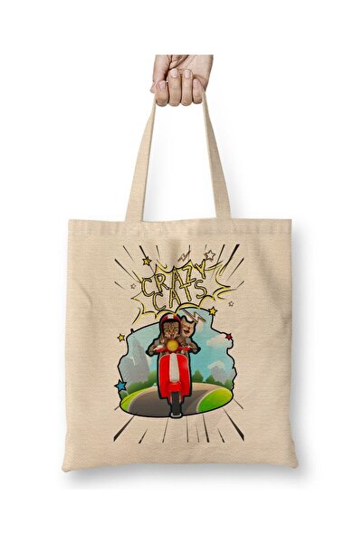 Toyaso Crazy Cats Котенца Котки Бяла платнена чанта Чанта за пазаруване с дъл...