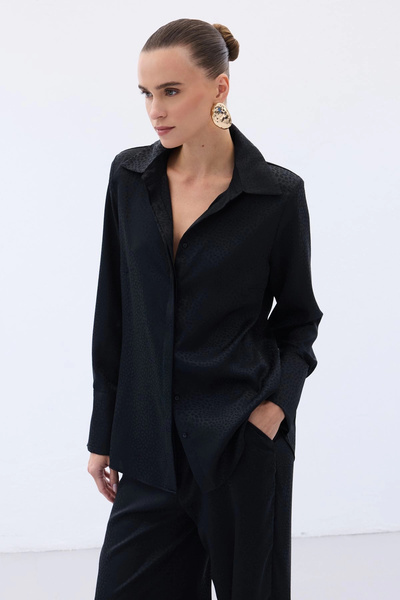 Sateen Jacquard Plain Shirt - Black