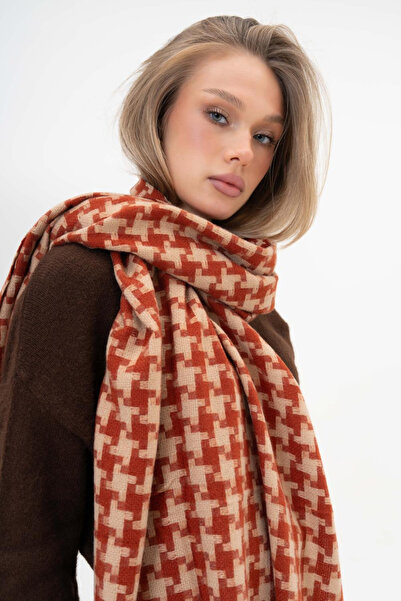 HERCHES Houndstooth Patterned Wool Winter Scarf - Orange