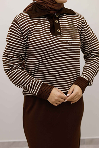 Tesettür Dünyası Striped Knitwear Sweater Tsd250241 Brown