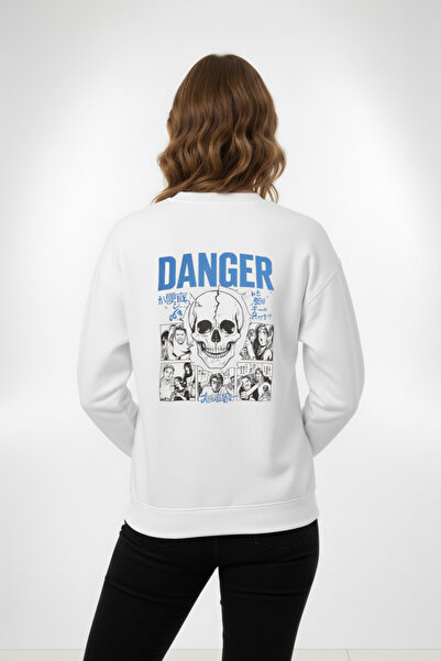 Manga Stili DANGER Baskılı Siyah/Beyaz Sweatshirt | Japon Çizgi Roman Baskılı Streetwear Sweatshirt
