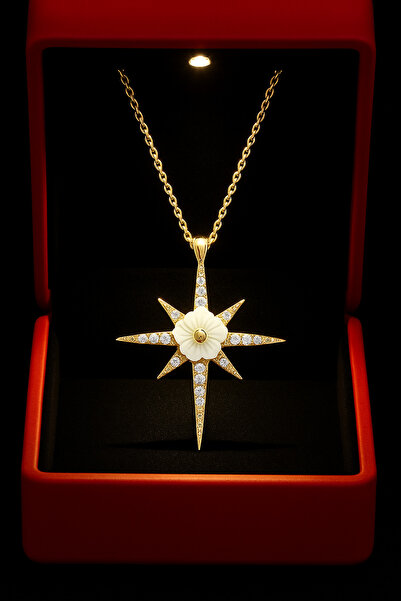 KAR DİAMOND 14 Ayar Altın Zincirli Zirkon Taşlı Çiçekli Kutup Yıldızı Kadın K...