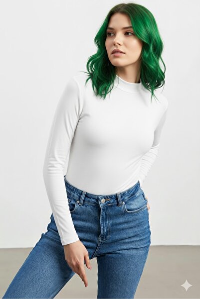 TRİYA FASHİON Long Sleeve 2-Piece Women's Turtleneck Badi (White-Navy Blue)