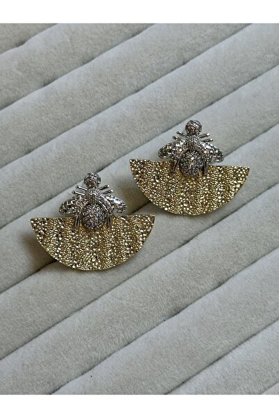 Ladies&Gentlemen Zircon Stone Bee Detailed Textured Gold Women's Earrings