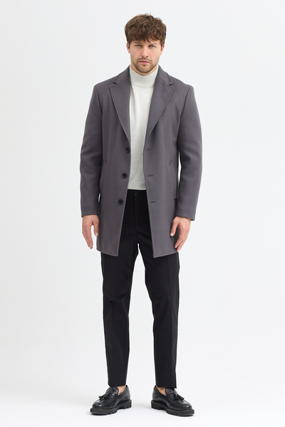 Frappoli Grande Men's Gray Jacket Collar Slim Fit Cashmere Coat