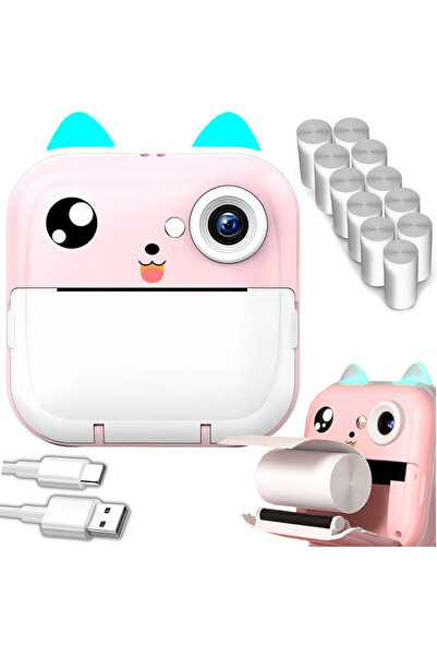 Other Drukarka termiczna dla dzieci z aparatem fotograficznym głośnikiem 5 gier Mini Kot 11 rolek - różowa
