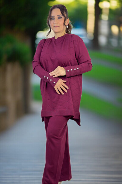 yagmurberen Baklava Patterned Polka Dots Stone Detail Tunic with Elastic Waist Pants Plus Size Merceerized Set