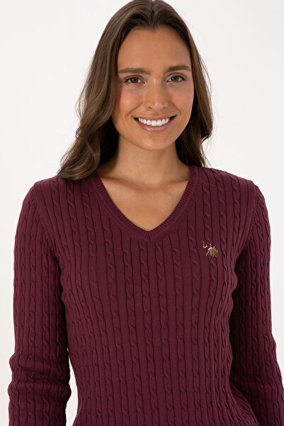 U.S. Polo Assn. Women's Burgundy Sweater With V-Neck And Cable Texture
