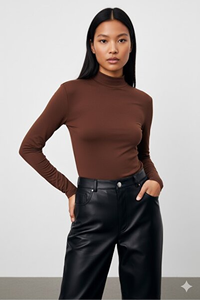 TRİYA FASHİON Long Sleeve 2-Piece Women's Turtleneck Badi (White-Light Brown)