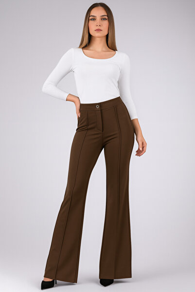 Women's Brown Lycra Ribbed Stitched Button Detailed Spanish Leg Pants Comfortable Combination