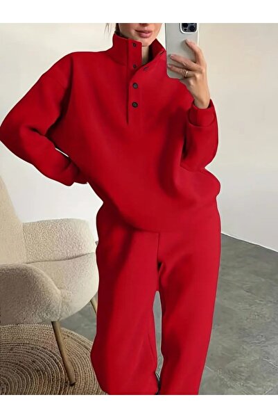 JANES Women's Long Sleeve Fisherman Mock Neck Piece Buttoned Three Thread Blouse and Pants Double Suit