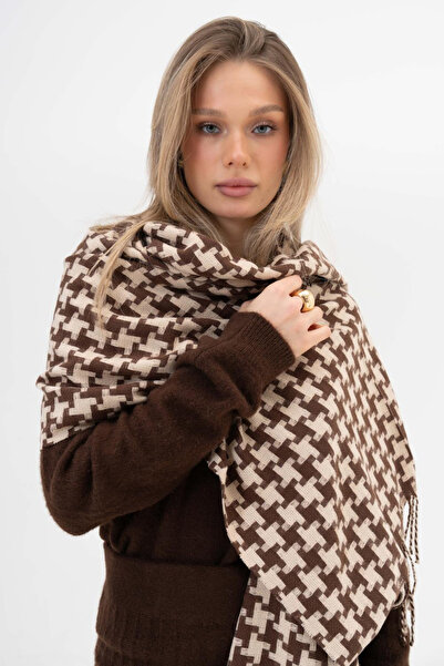 HERCHES Houndstooth Patterned Wool Winter Scarf - Brown