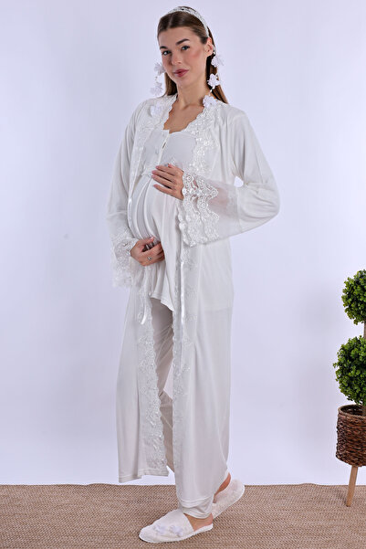 ByLohusa Effortt Ecru Maternity Pajama Set with Dressing Gown