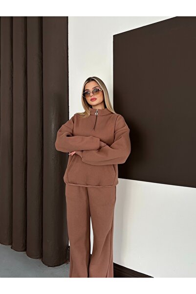 legends butik Women's Oversized Kangaroo Pocket Fleece Half Zipper Pants Set