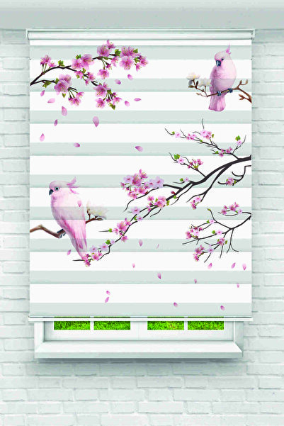 Yznhome Kuşlu ve Kiraz Çiçekli Dal Desenli Zebra Perde – YZN-1052
