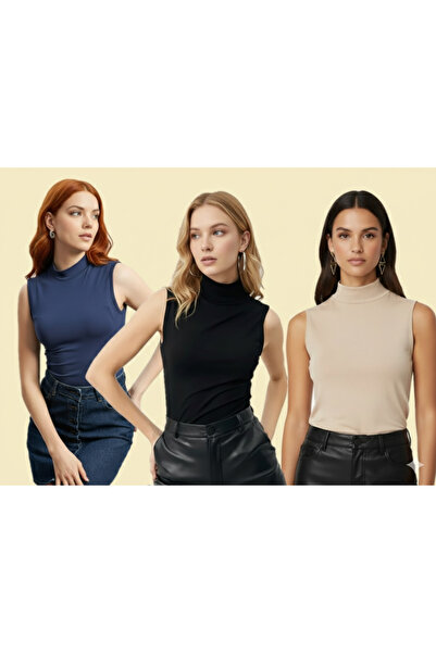 TRİYA FASHİON Zero Sleeve 3-Piece Women's Turtleneck Badi (Black-Navy Blue-Beige)