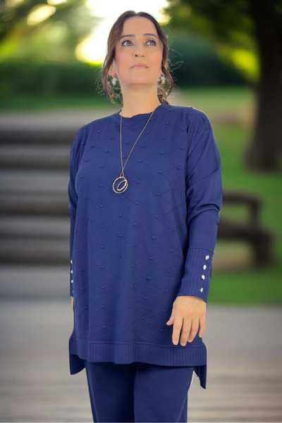 yagmurberen Baklava Patterned Polka Dots Stone Detail Tunic with Elastic Waist Pants Plus Size Merceerized Set