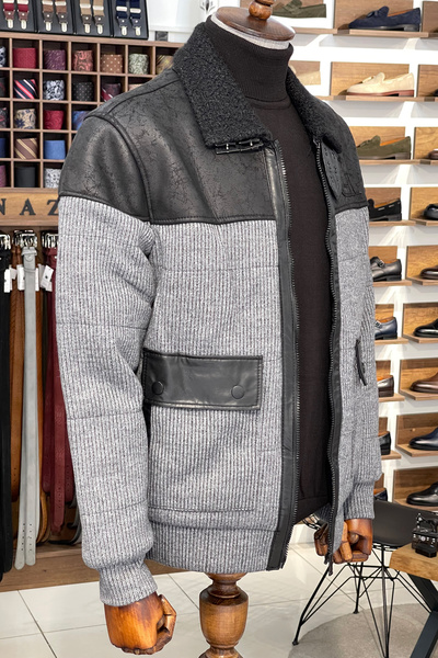 NAZEF Slim Fit Special Design Fur Collar Belt Detailed Knitwear Gray Coat