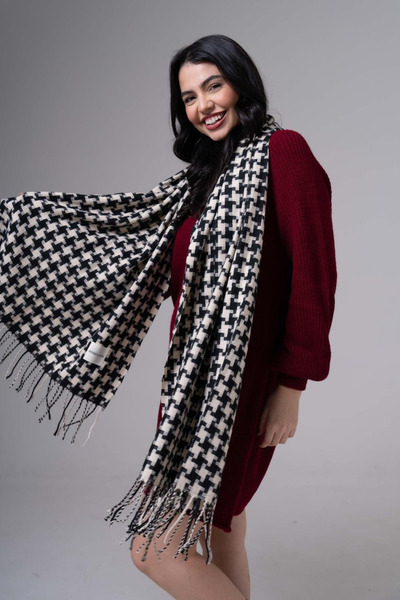 HERCHES Houndstooth Patterned Wool Winter Scarf - Black