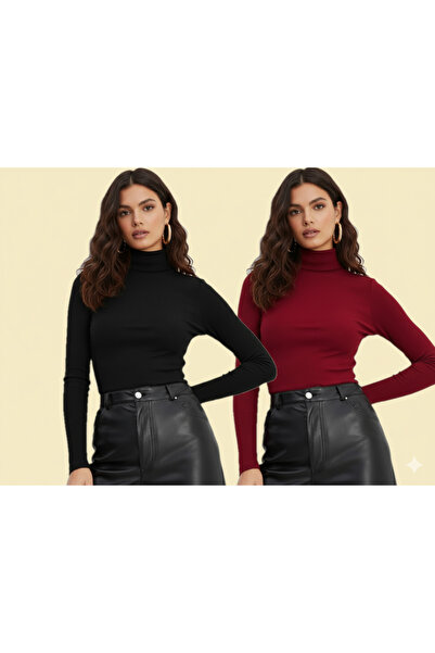 TRİYA FASHİON Long Sleeve 2-Piece Women's Turtleneck Badi (Black-Burgundy)